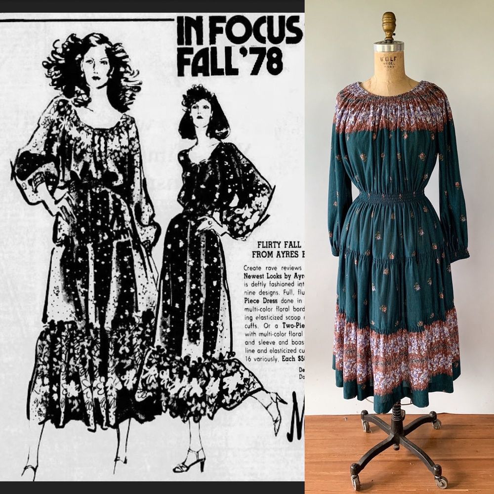 Vintage 1970s Teal Green Purple Floral Tiered Midi Skirt Boho Peasant Dress XS S